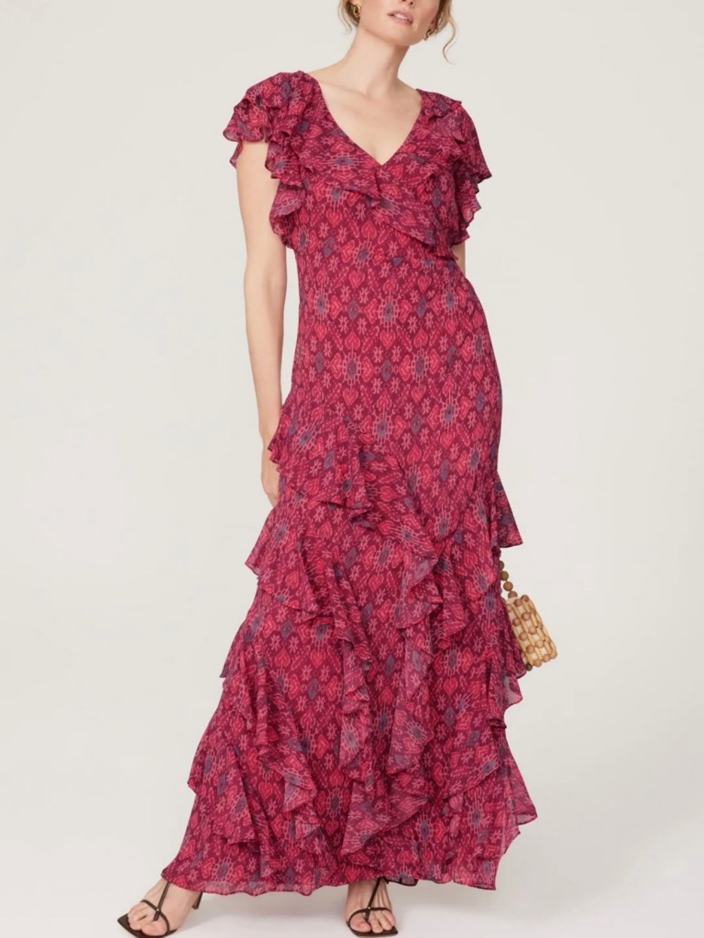 LAUREN RALPH LAUREN Fuchsia Brahima Geo Print Ruffle Trim Georgette Gown Size 8